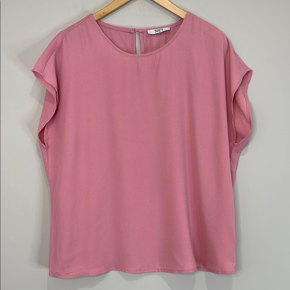 Suzy Shier Dusty Pink Rose Cap Sleeve Boxy Blouse Keyhole Back Round Neck Size L - Picture 12 of 12